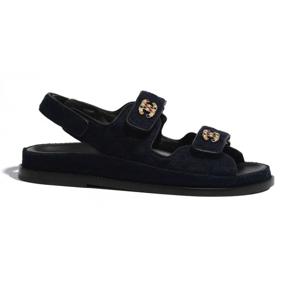 Chanel 21A Blue Velvet Denim CC Logo Mule Slide Strap Flat Teva Dad Sandal 35.5 - Picture 3 of 12